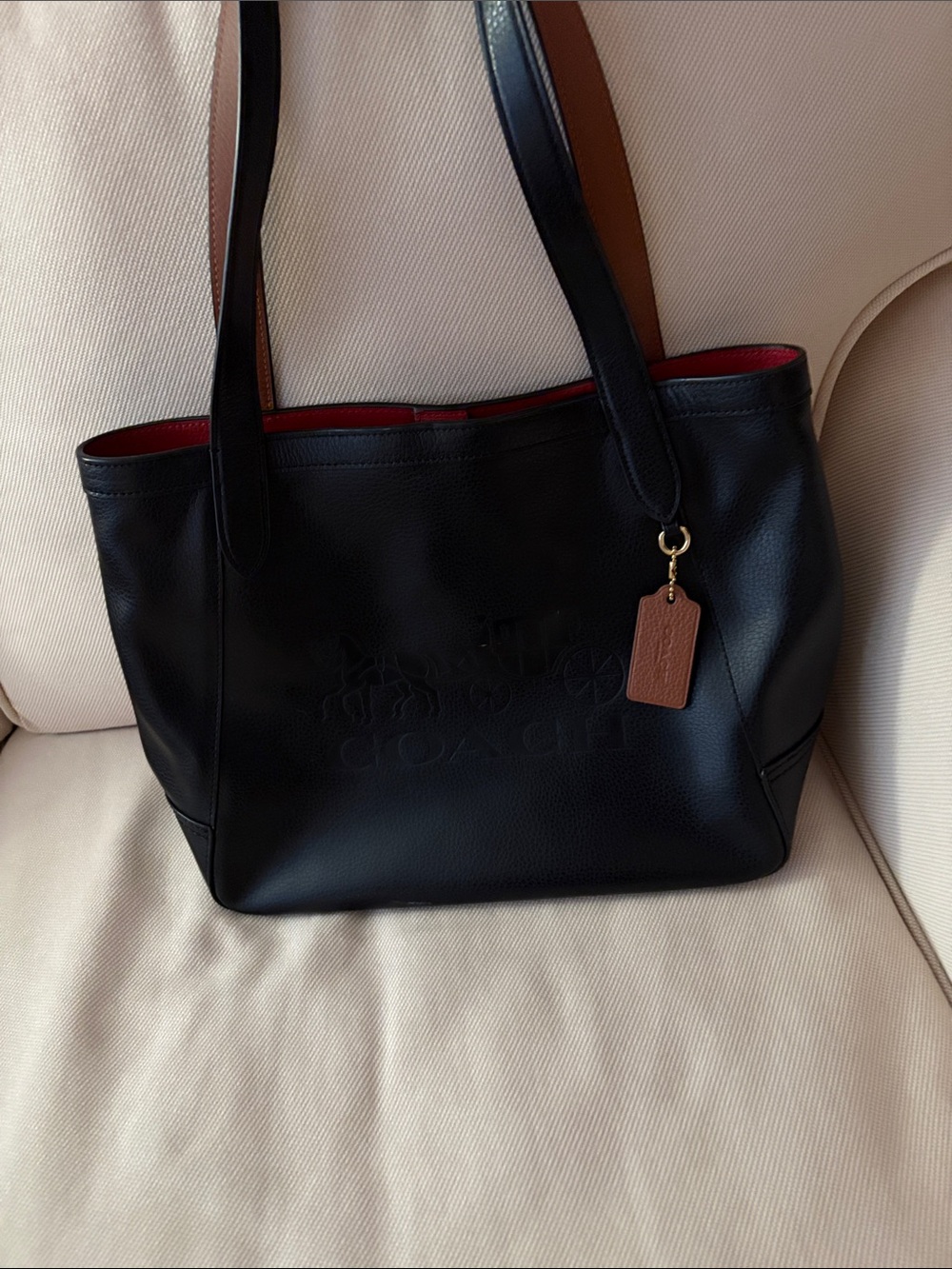 Coach Black Leather Tote Bag with Red Interior